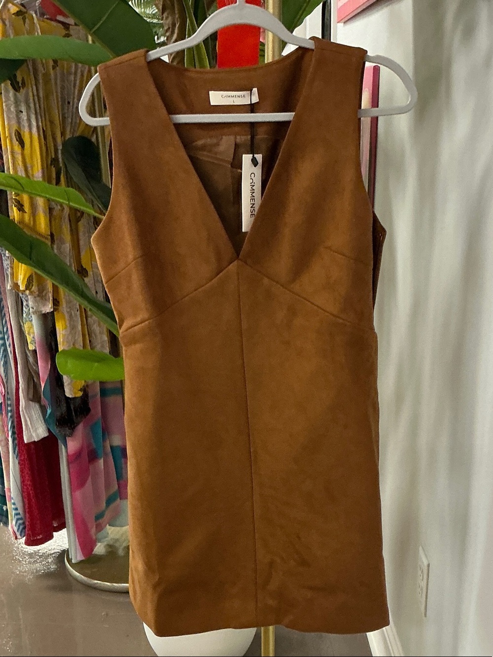 Commense Brown Suede V-Neck Mini Dress